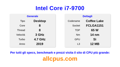 Intel Core i7-9700 Specifiche e benchmark della CPU