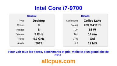 Intel Core i7-9700 Spécifications et benchmarks du CPU