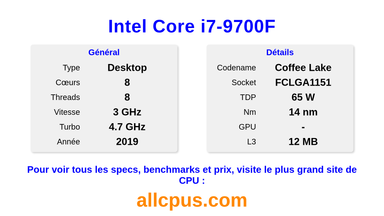 Intel Core i7-9700F Spécifications et benchmarks du CPU