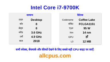 Intel Core i7-9700K CPU की स्पेसिफिकेशन और बेंचमार्क