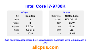 Intel Core i7-9700K Характеристики и бенчмарки CPU
