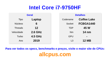 Intel Core i7-9750HF Especificações e benchmarks da CPU