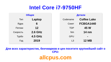 Intel Core i7-9750HF Характеристики и бенчмарки CPU