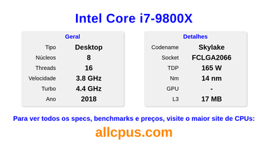 Intel Core i7-9800X Especificações e benchmarks da CPU
