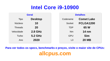 Intel Core i9-10900 Especificações e benchmarks da CPU