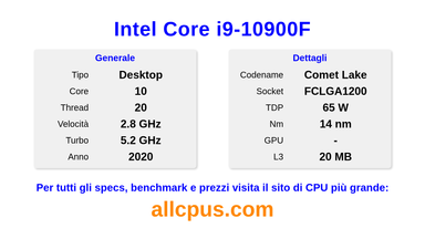 Intel Core i9-10900F Specifiche e benchmark della CPU