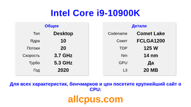 Intel Core i9-10900K Характеристики и бенчмарки CPU