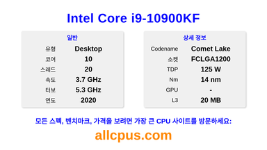 Intel Core i9-10900KF CPU 사양과 벤치마크