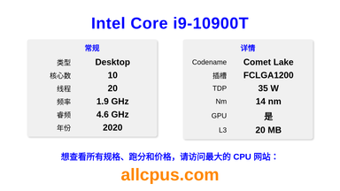 Intel Core i9-10900T CPU 规格和跑分