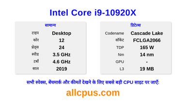 Intel Core i9-10920X CPU की स्पेसिफिकेशन और बेंचमार्क