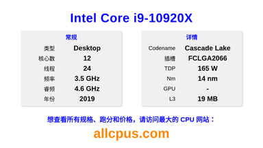 Intel Core i9-10920X CPU 规格和跑分