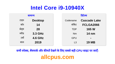 Intel Core i9-10940X CPU की स्पेसिफिकेशन और बेंचमार्क