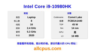 Intel Core i9-10980HK CPU 规格和跑分