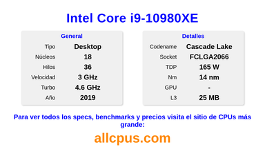 Intel Core i9-10980XE Especificaciones y benchmarks de la CPU