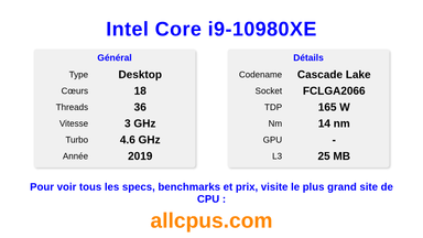 Intel Core i9-10980XE Spécifications et benchmarks du CPU