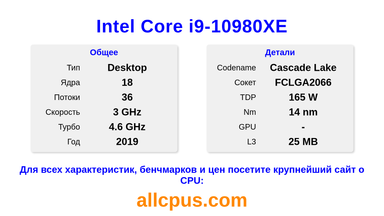 Intel Core i9-10980XE Характеристики и бенчмарки CPU
