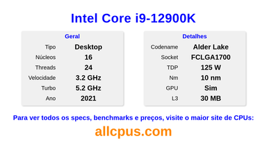 Intel Core i9-12900K Especificações e benchmarks da CPU