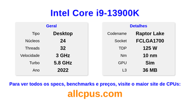 Intel Core i9-13900K Especificações e benchmarks da CPU