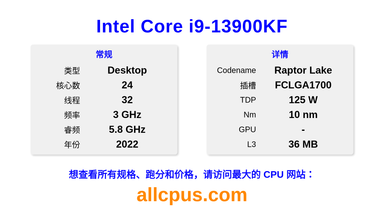 Intel Core i9-13900KF CPU 规格和跑分