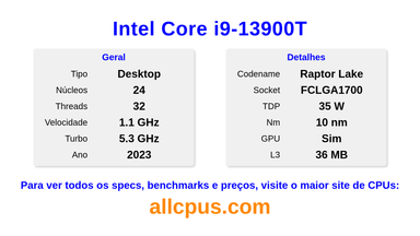 Intel Core i9-13900T Especificações e benchmarks da CPU