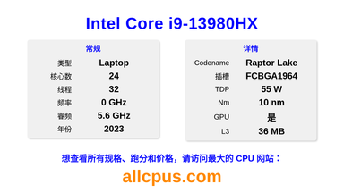 Intel Core i9-13980HX CPU 规格和跑分