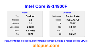 Intel Core i9-14900F Especificações e benchmarks da CPU