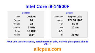 Intel Core i9-14900F Spécifications et benchmarks du CPU