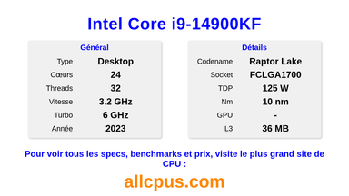 Intel Core i9-14900KF Spécifications et benchmarks du CPU