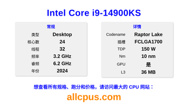 Intel Core i9-14900KS CPU 规格和跑分
