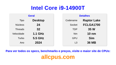 Intel Core i9-14900T Especificações e benchmarks da CPU