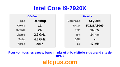 Intel Core i9-7920X Spécifications et benchmarks du CPU