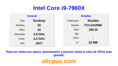 Intel Core i9-7960X Especificaciones y benchmarks de la CPU
