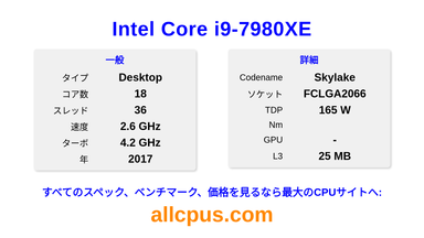 Intel Core i9-7980XE CPUの仕様とベンチマーク