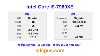 Intel Core i9-7980XE CPU 规格和跑分