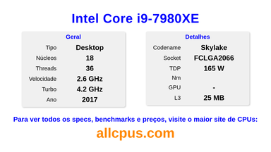 Intel Core i9-7980XE Especificações e benchmarks da CPU