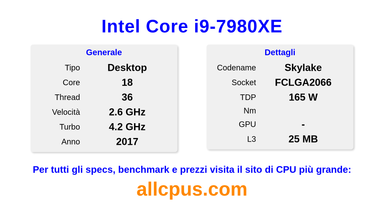 Intel Core i9-7980XE Specifiche e benchmark della CPU
