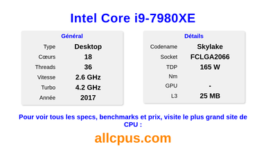 Intel Core i9-7980XE Spécifications et benchmarks du CPU