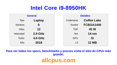 Intel Core i9-8950HK Especificaciones y benchmarks de la CPU