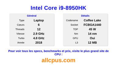 Intel Core i9-8950HK Spécifications et benchmarks du CPU