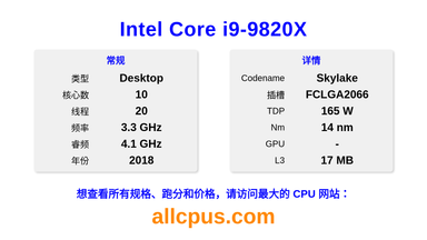 Intel Core i9-9820X CPU 规格和跑分