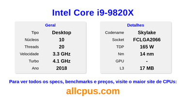 Intel Core i9-9820X Especificações e benchmarks da CPU