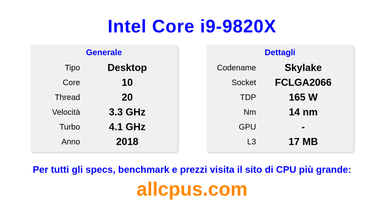 Intel Core i9-9820X Specifiche e benchmark della CPU