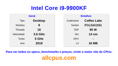 Intel Core i9-9900KF Especificações e benchmarks da CPU