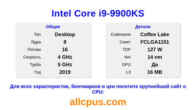 Intel Core i9-9900KS Характеристики и бенчмарки CPU