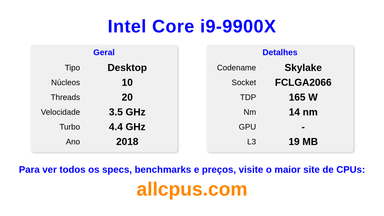 Intel Core i9-9900X Especificações e benchmarks da CPU
