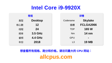 Intel Core i9-9920X CPU 规格和跑分