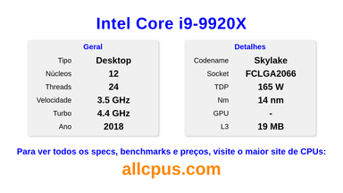 Intel Core i9-9920X Especificações e benchmarks da CPU