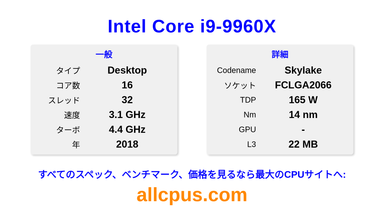 Intel Core i9-9960X CPUの仕様とベンチマーク