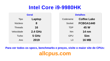 Intel Core i9-9980HK Especificações e benchmarks da CPU