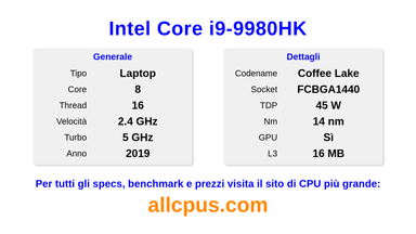 Intel Core i9-9980HK Specifiche e benchmark della CPU
